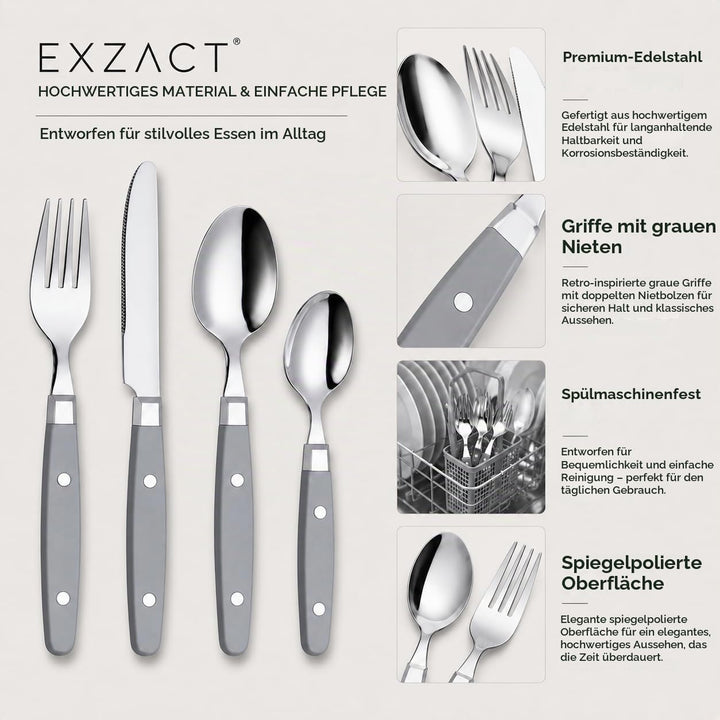 EXZACT Besteckset 24-teilig Edelstahl - mit Niet-Bastelgriffen/Besteck im Retro-Stil - 6 x Essgabeln