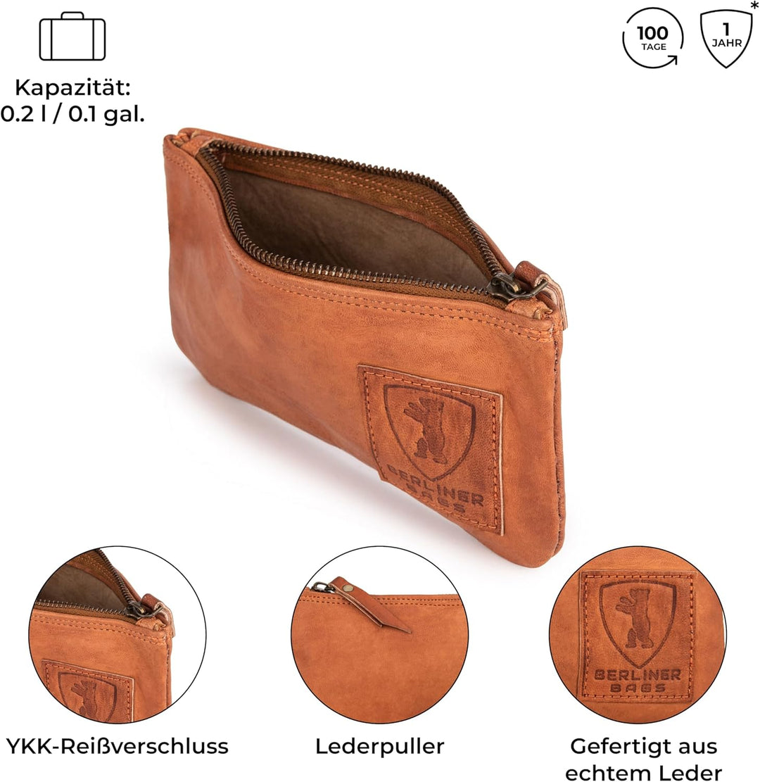 Berliner Bags Vintage Federmäppchen aus echtem Leder – Handgefertigtes Etui mit YKK-Reissverschluss,