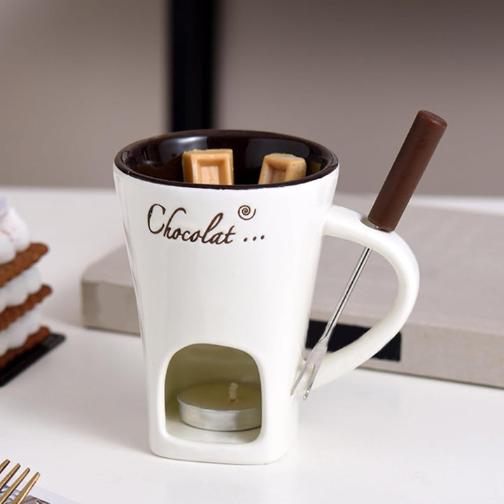 Schokoladen-Fonduetasse mit Gabeln, 130 ml, Schokoladenschmelzbecher, Keramik-Butterwärmer, Set, per