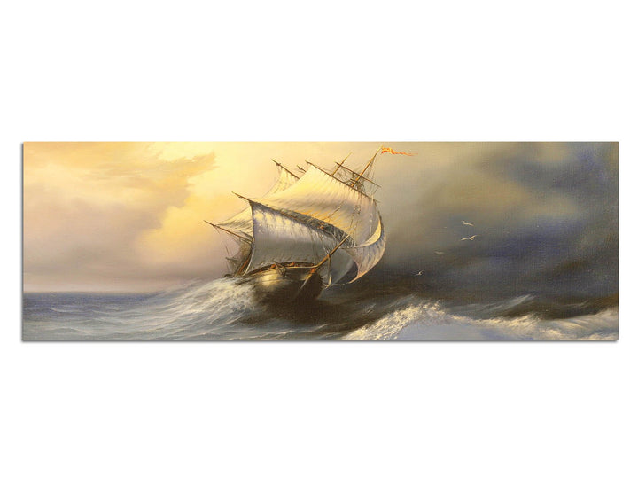 Paul Sinus Art Panoramabild auf Leinwand und Keilrahmen 150x50cm Meer Sturm Wellen Segelschiff
