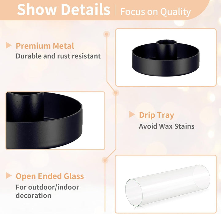 NUPTIO Glaszylinder Kerzen Kerzenhalter Schwarz: 30cm Satz von 2 Klarglas Metall Kerzenständer Stabk