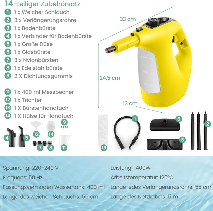 GOPLUS 1500W Dampfreiniger, Dampfdruck: 2 Bar, Tank: 400 ML, Tragbarer Bodenpolierer bis zu 125℃, Au