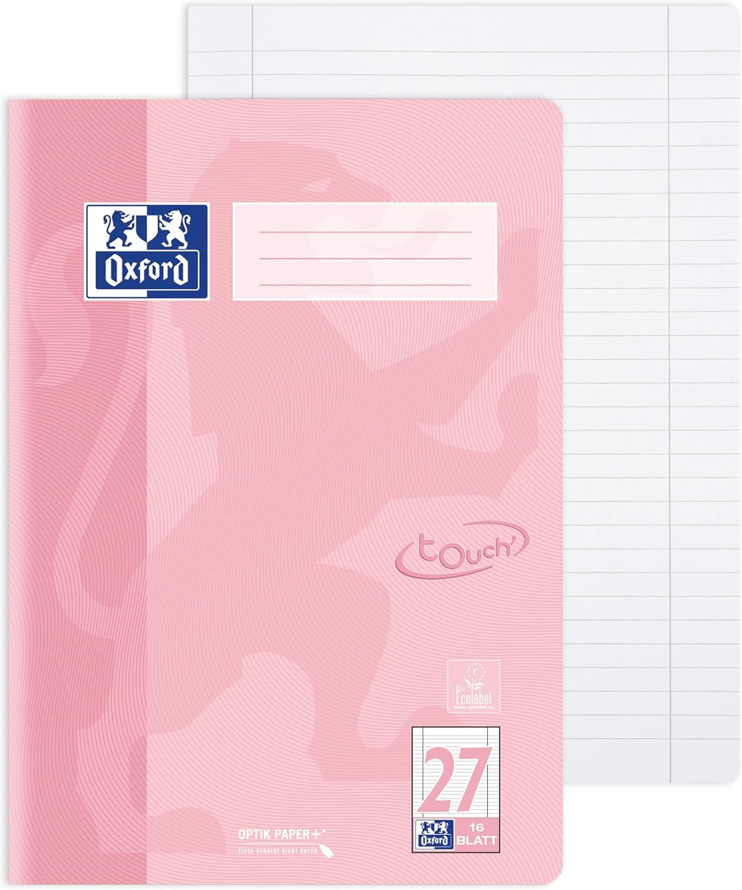 Oxford Schulheft A4 Touch, 16 Blatt, Lineatur 27, liniert, pastell koralle,15 Stück, Lineatur 27