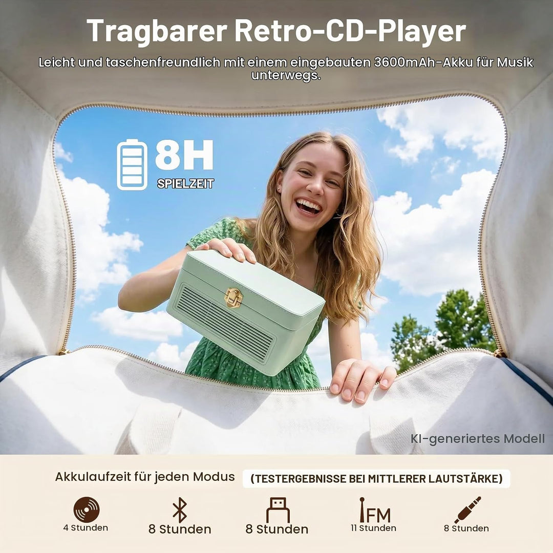 Gueray Tragbarer Bluetooth CD-Player mit Lautsprechern 3600mAh Wiederaufladbarer Vintage CD Spieler