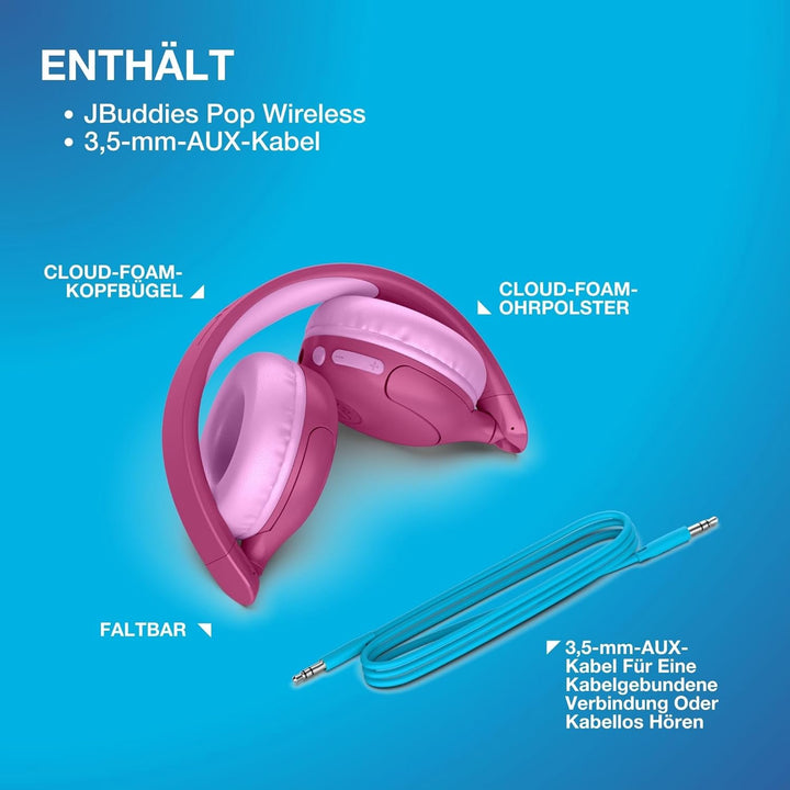 JLab JBuddies Pop Bluetooth Kopfhörer Kinder - 48+ Std. Spielzeit &amp; Kabelgebunden, Lautstärkesicher