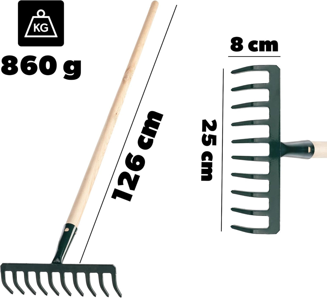 KADAX Rechen aus Metall, Flache Harke mit Stiel aus Holz, Laubbesen für Garten, Beet, Laubrechen, Ra