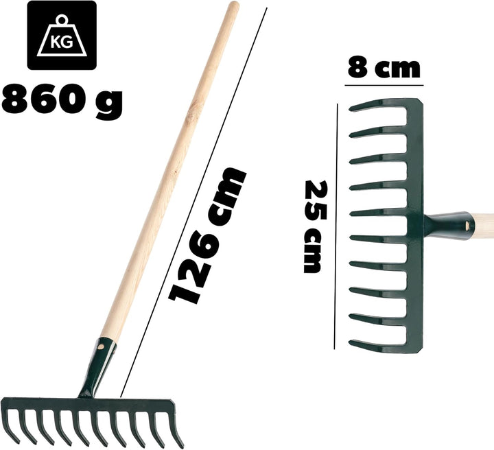 KADAX Rechen aus Metall, Flache Harke mit Stiel aus Holz, Laubbesen für Garten, Beet, Laubrechen, Ra
