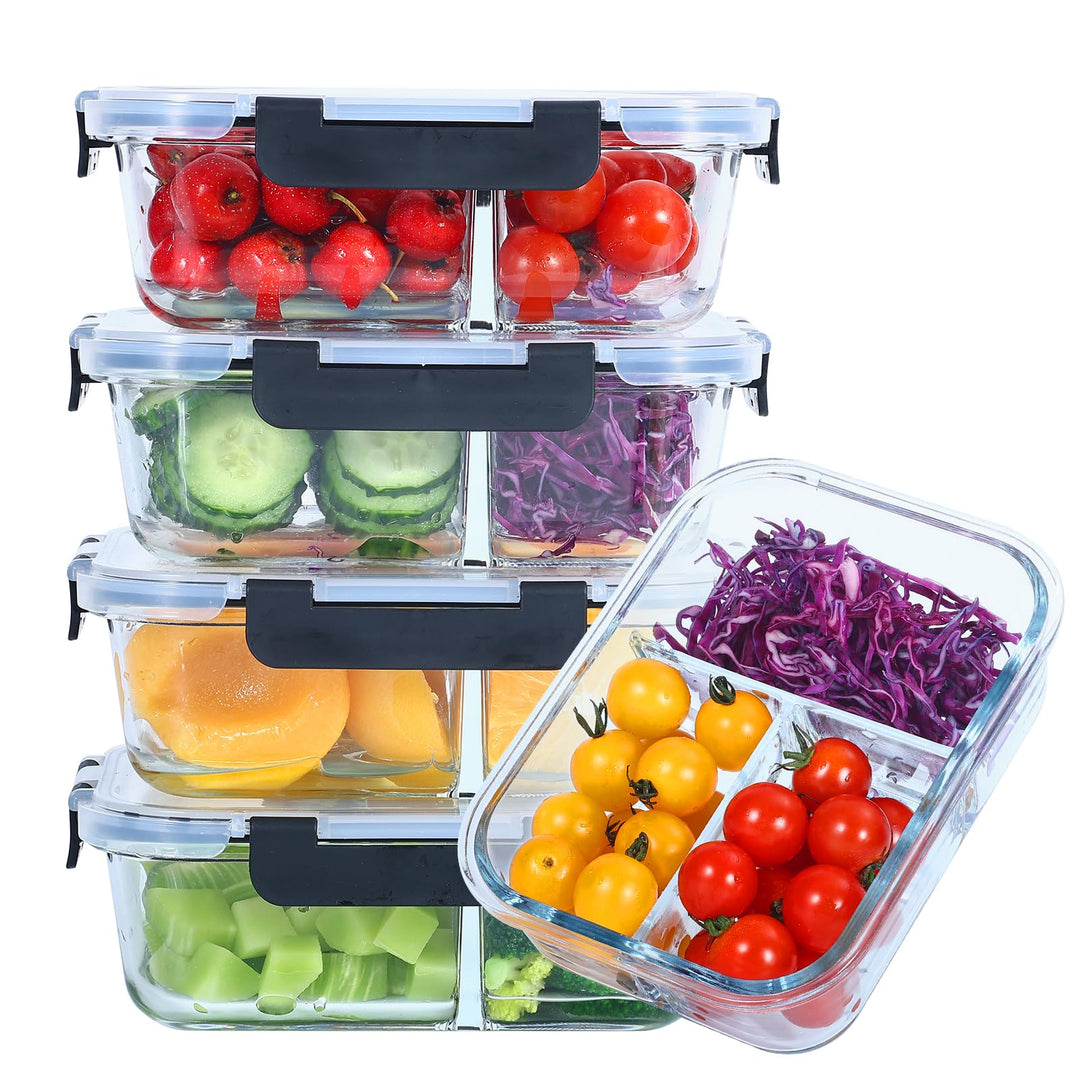 Glasbehälter mit Deckel Meal Prep Boxen Glas 3 Fächer (5Stück, 1040ml) Meal Prep Boxen Glas mit Tren