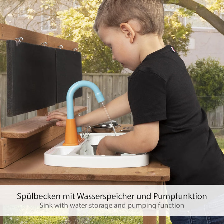 ONVAYA® Matschküche aus Holz | Braun | Outdoor Spielküche mit Waschbecken und schwarzer Tafel | Inkl