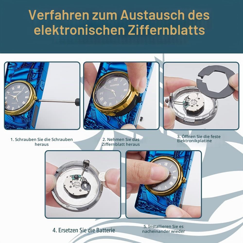 Elektrisches Feuerzeug mit Muster, Personalisierbar mit Uhr, Lichtbogen mit Batterieanzeige, Plasma