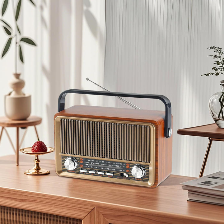 Retro Radio mit Bluetooth, Nostalgie Kofferradio Klein mit AM/FM/SW3, USB/TF/AUX, Wiederaufladbar, K