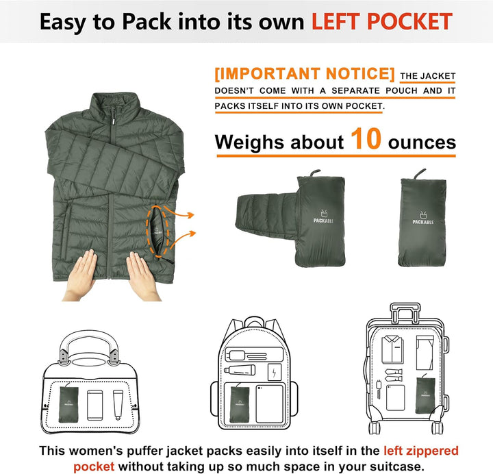 Outdoor Ventures Damen Steppjacke Leichte Warme Packbare Übergangsjacke Puffer Jacke für Frauen Gefü