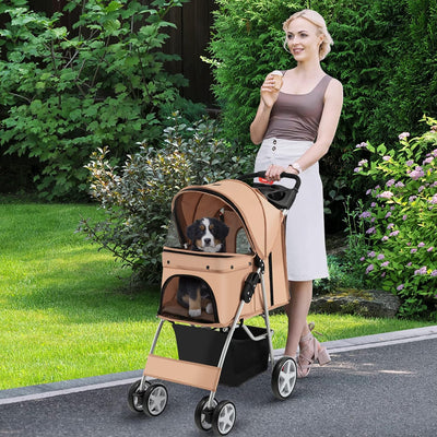 COSTWAY Hundewagen Haustiere Buggy bis 15kg, Hundebuggy mit Netzfenstern & Getränkehalter & Anhänger