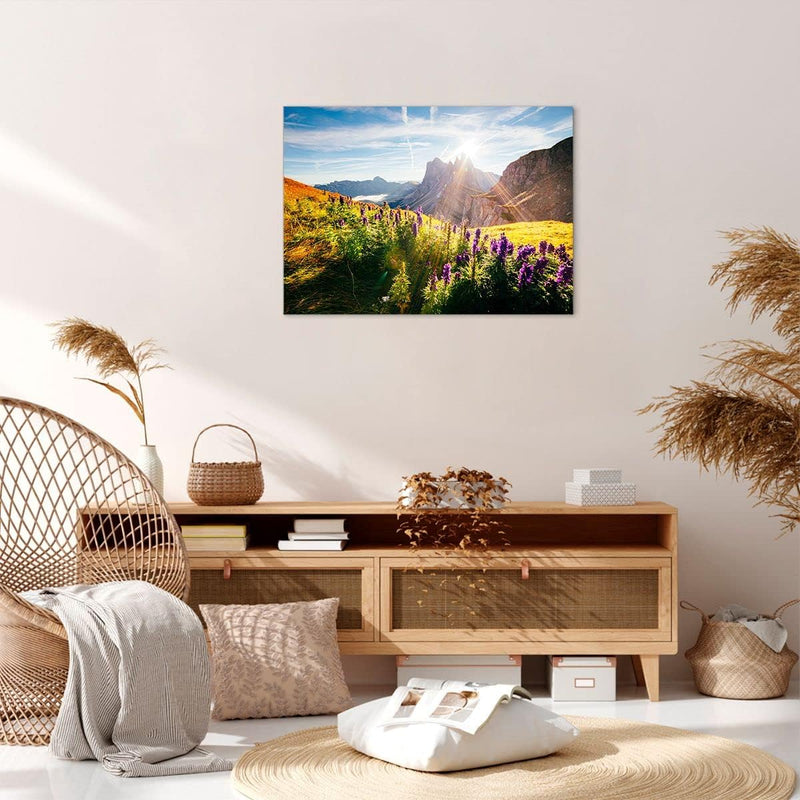 Bilder auf Leinwand Berge Wiese Blumen Leinwandbild mit Rahmen 70x50cm Wandbilder Dekoration Wohnzim