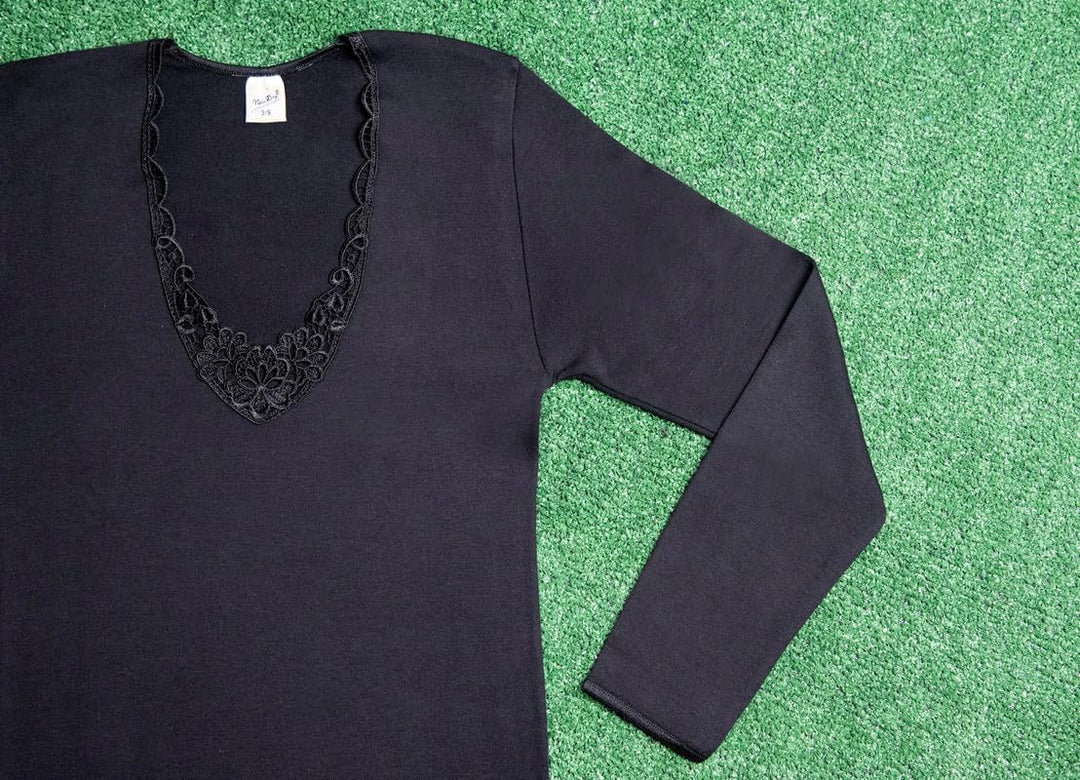 Made in Italy- 3 Underwear Shirt in Warmer Cotton with Long Sleeve for Woman with lacy makramee or S