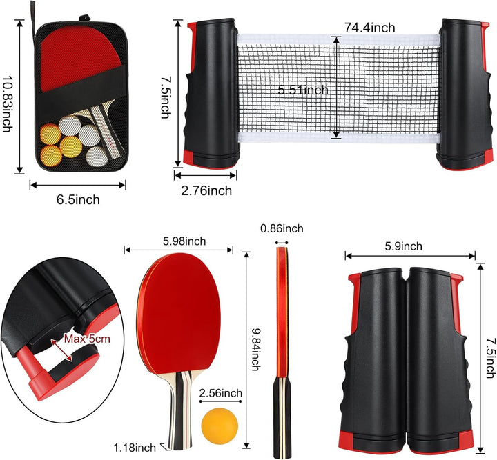 Tischtennisschläger Set,2 Schläger,6 Bälle,Einziehbares Tischtennisnetz und Tragetasche,Mobiles Tisc