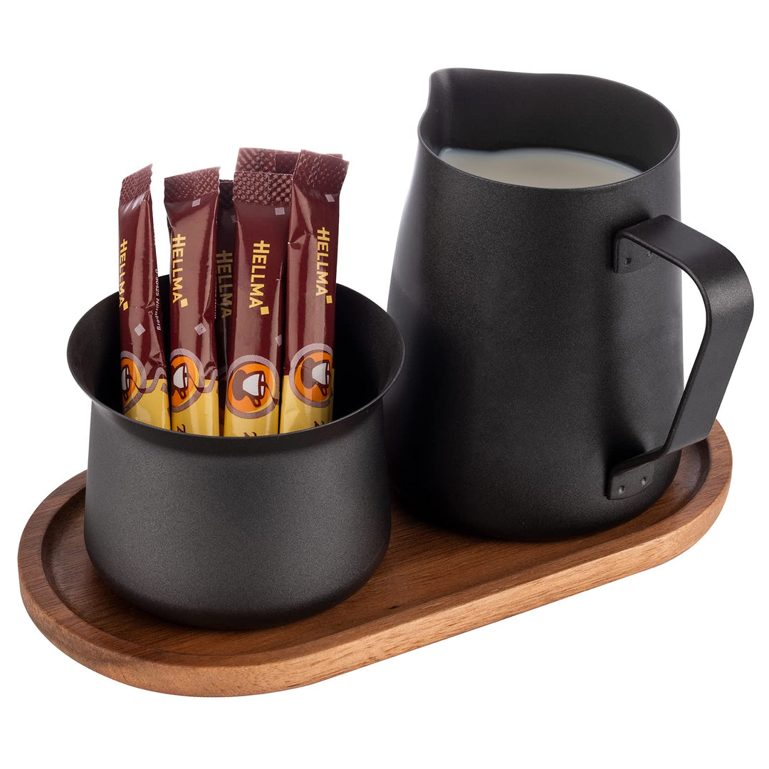 APS 634 Milch- und Zucker-Set, 5-tlg. Set, Akazienholz, Edelstahl, antihaft beschichtet, schwarz, Sc