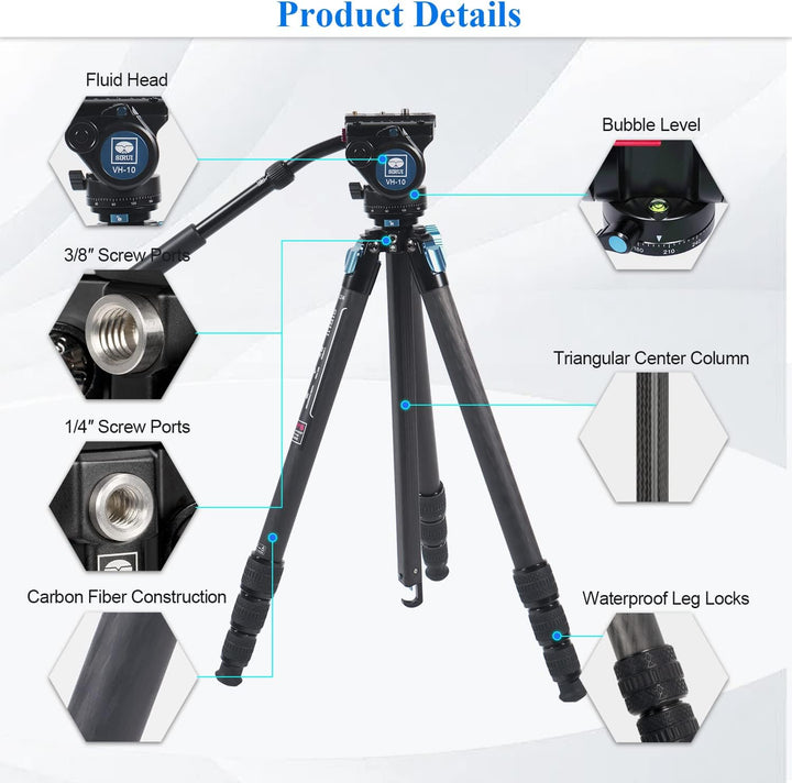 SIRUI Professionelles Carbonfaser-Stativ mit 360°Fluid-Videokopf, 184,4cm wasserdichtes Video-Kamera