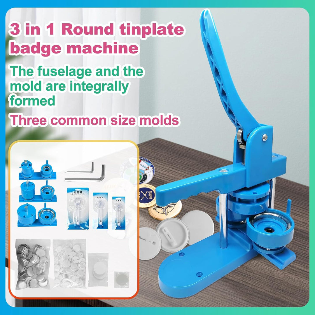 Badge Button Maker Machine (25/32/58mm) 3-in-1 Pin Maker with 300pcs Button Parts, Badge Button Pres