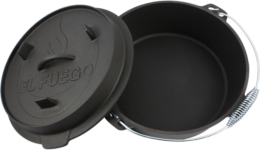 Dutch Oven 7,3 Liter von El Fuego®, 100% Gusseisen, inkl. Schürhaken und Tragebügel, Camping & Outdo