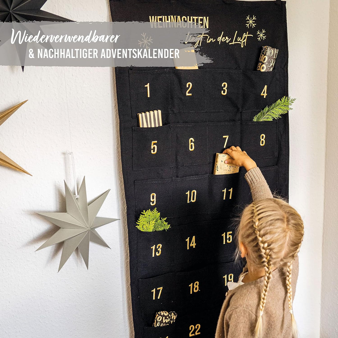 Papierdrachen Adventskalender 2023 als Wandkalender aus Stoff zum Befüllen - schwarz & gold - hochwe