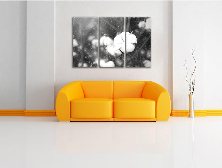 Pixxprint eine ausgereifte Knospe voller Baumwolle Kunst Kohle Effekt 3-Teiler Leinwandbild 120x80 B