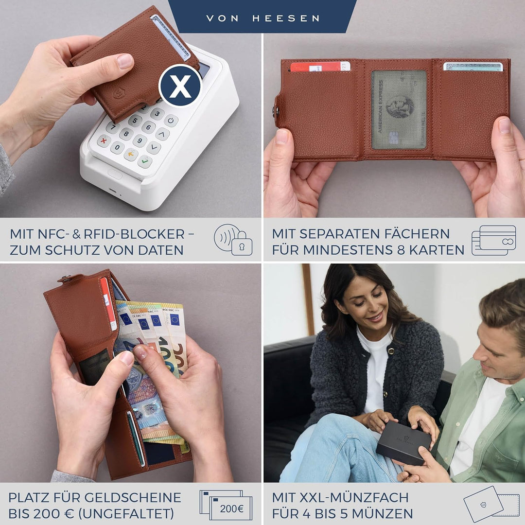 VON HEESEN Slim Wallet mit XXL Münzfach & RFID-Schutz - Leder Geldbeutel - Mini Geldbörse für Herren