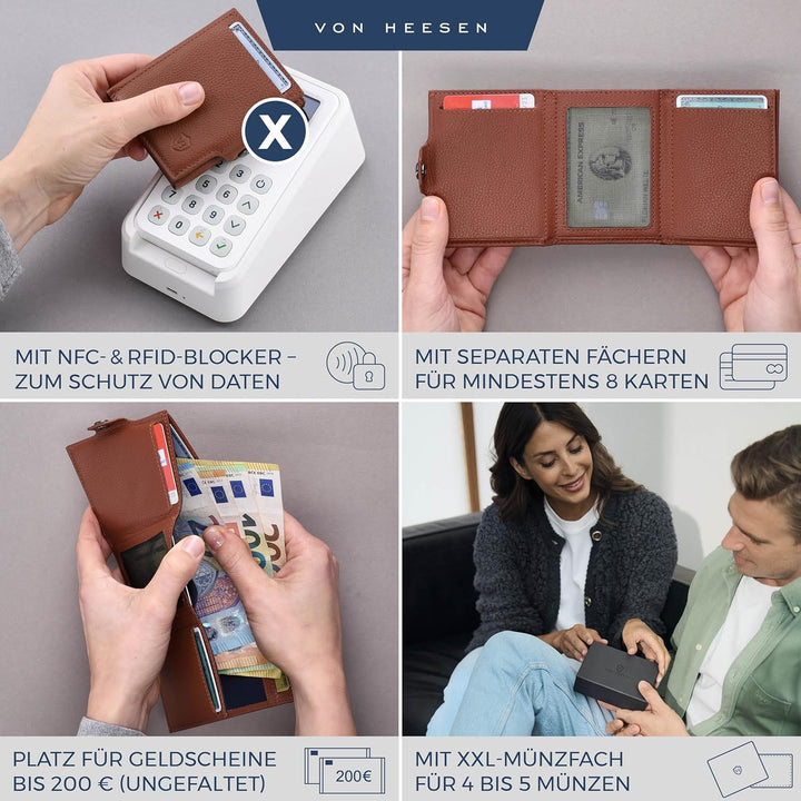 VON HEESEN Slim Wallet mit XXL Münzfach & RFID-Schutz - Leder Geldbeutel - Mini Geldbörse für Herren