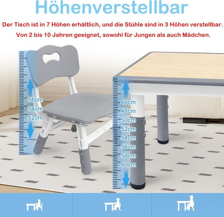XMTECH Kindertisch 120x60 cm mit 4 Stühlen, höhenverstellbar, Grau 120x60 Grau, 120x60 Grau