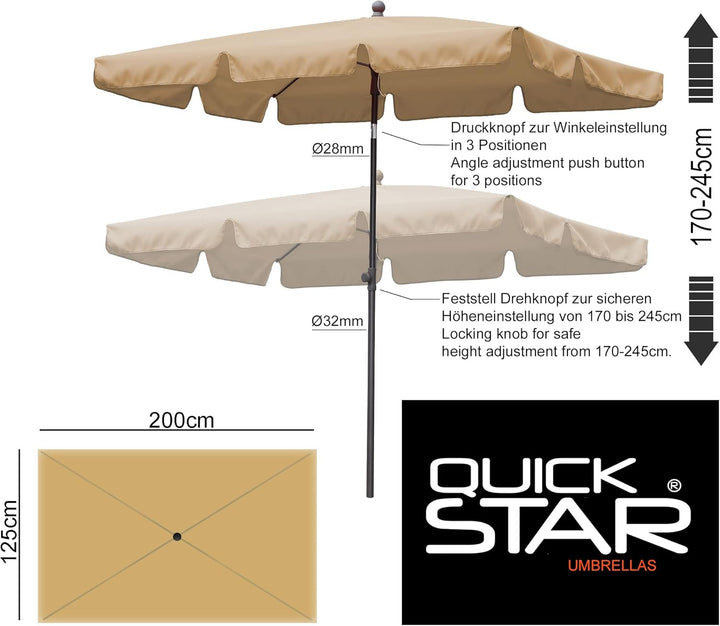 QUICK STAR Balkon Sonnenschirm 200x125cm Balkonschirm Rechteckig Knickbar Sand Gartenschirm UV 50