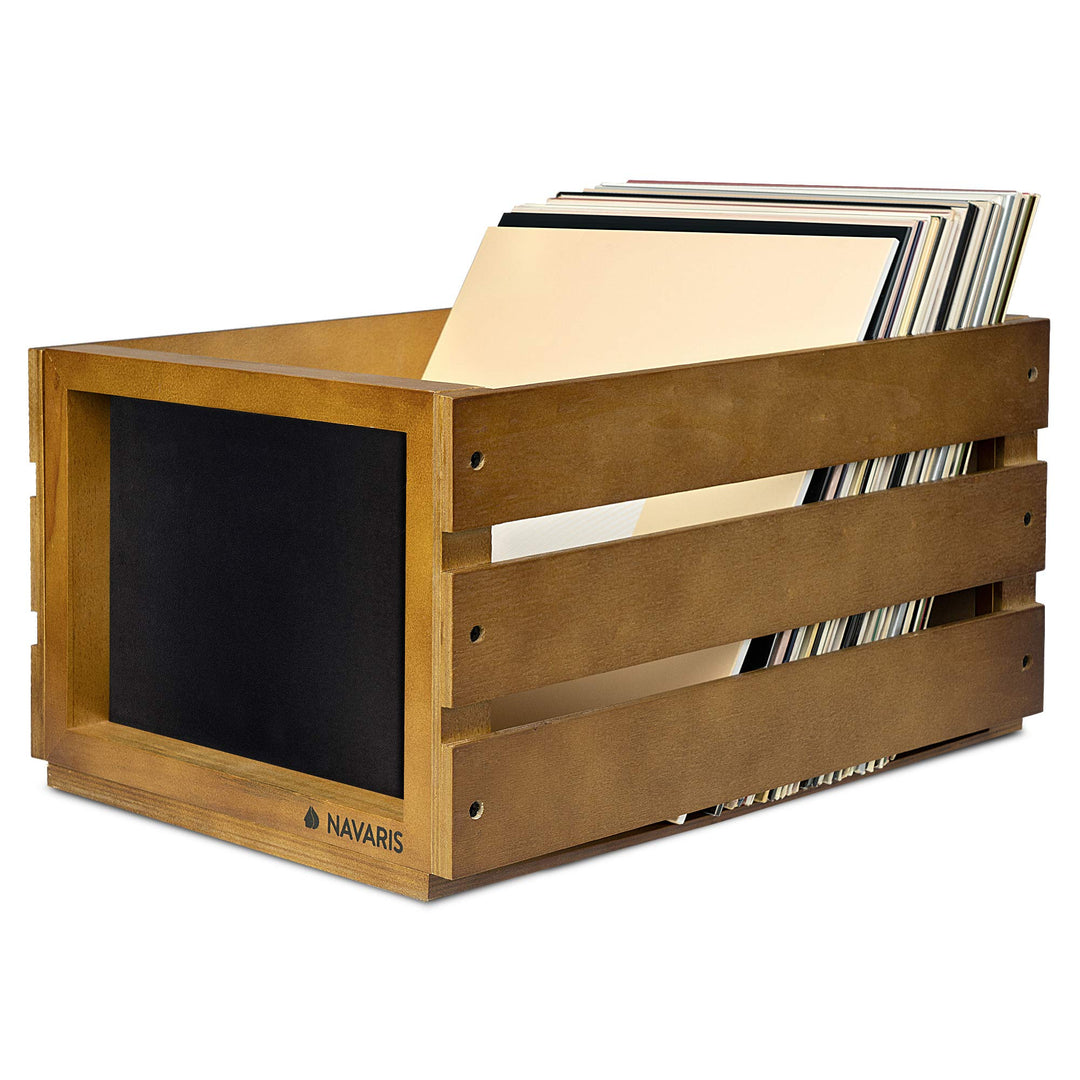 Navaris Holz Schallplatten Kiste mit Kreidetafel - 42,9 x 34,4 x 22,9 cm - für bis zu 80 LP Platten