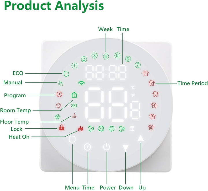 Wengart Fussbodenheizungsthermostat,Feather Touch-Bedienfeld,rundes buntes LED-Display,AC230V 5A Was