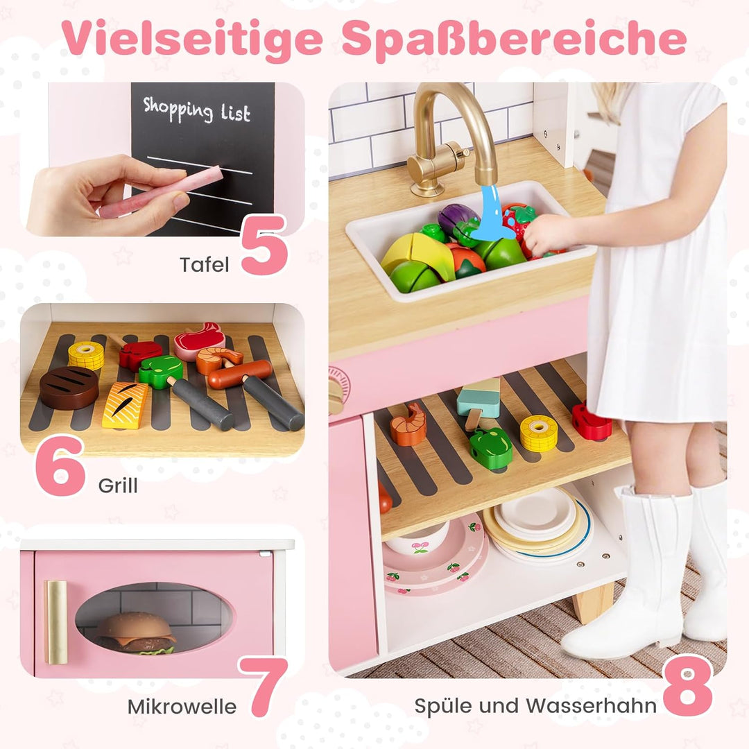 DREAMADE Kinderküche Holz mit 10 TLG. Zubehör, Holzküche Kinder Küche mit Herd Dunstabzugshaube Eism