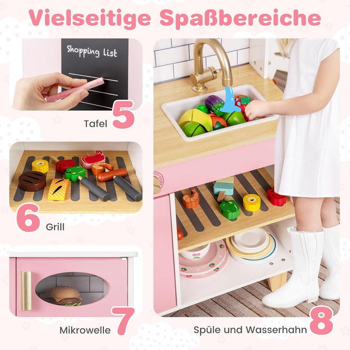 DREAMADE Kinderküche Holz mit 10 TLG. Zubehör, Holzküche Kinder Küche mit Herd Dunstabzugshaube Eism