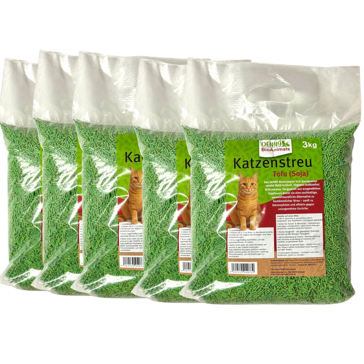 Tofu Katzenstreu 15 kg (5 Säcke je 3 kg), 40L – 100% natürlich &amp; biologisch abbaubar – Ultra saugsta