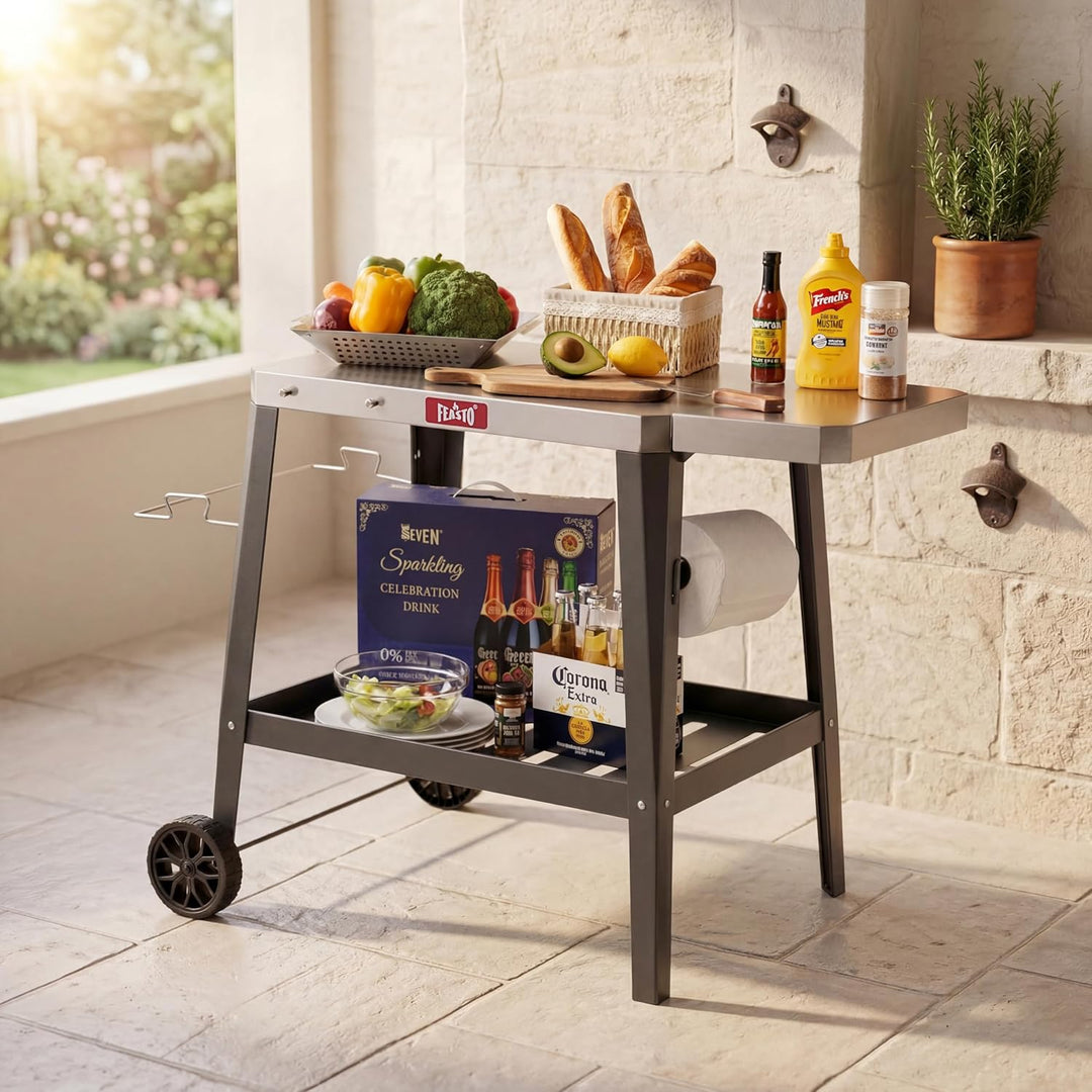 Feasto Grillwagen mit Klappbarem Beistelltisch, Grilltisch mit Rollen, Servierwagen Outdoor für Gart