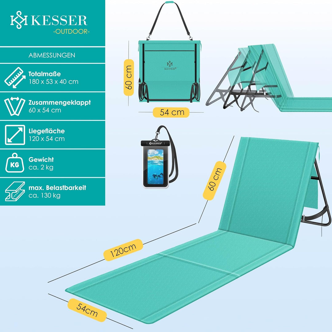KESSER® Klappbare Strandmatte mit Verstellbarer Rückenlehne – Faltbare Strandliege mit Tragegurt, wa