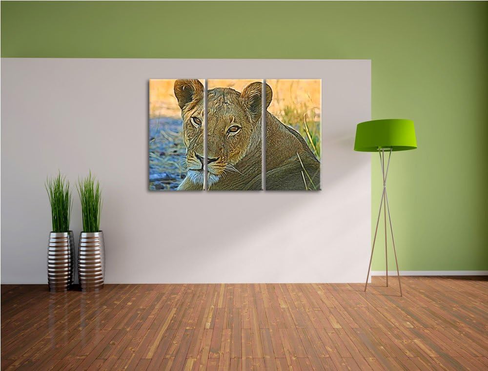 schöne Löwin im Wildgras NewArt 3-Teiler Leinwandbild 120x80 Bild auf Leinwand, XXL riesige Bilder f