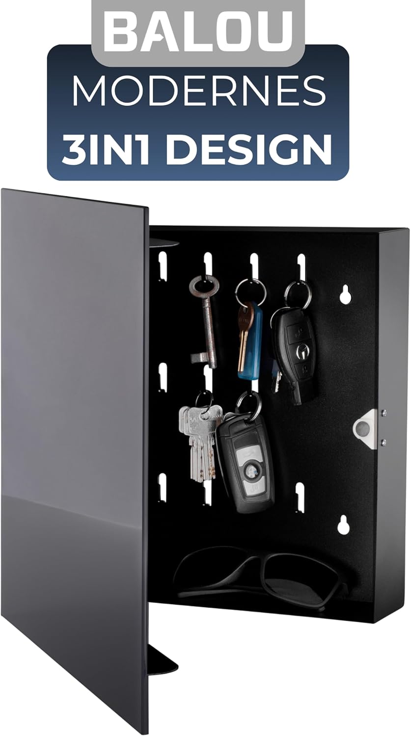 BALOU Schlüsselkasten modern mit Glas Magnettafel - Memoboard magnetisch mit 6 Magneten und Stift -