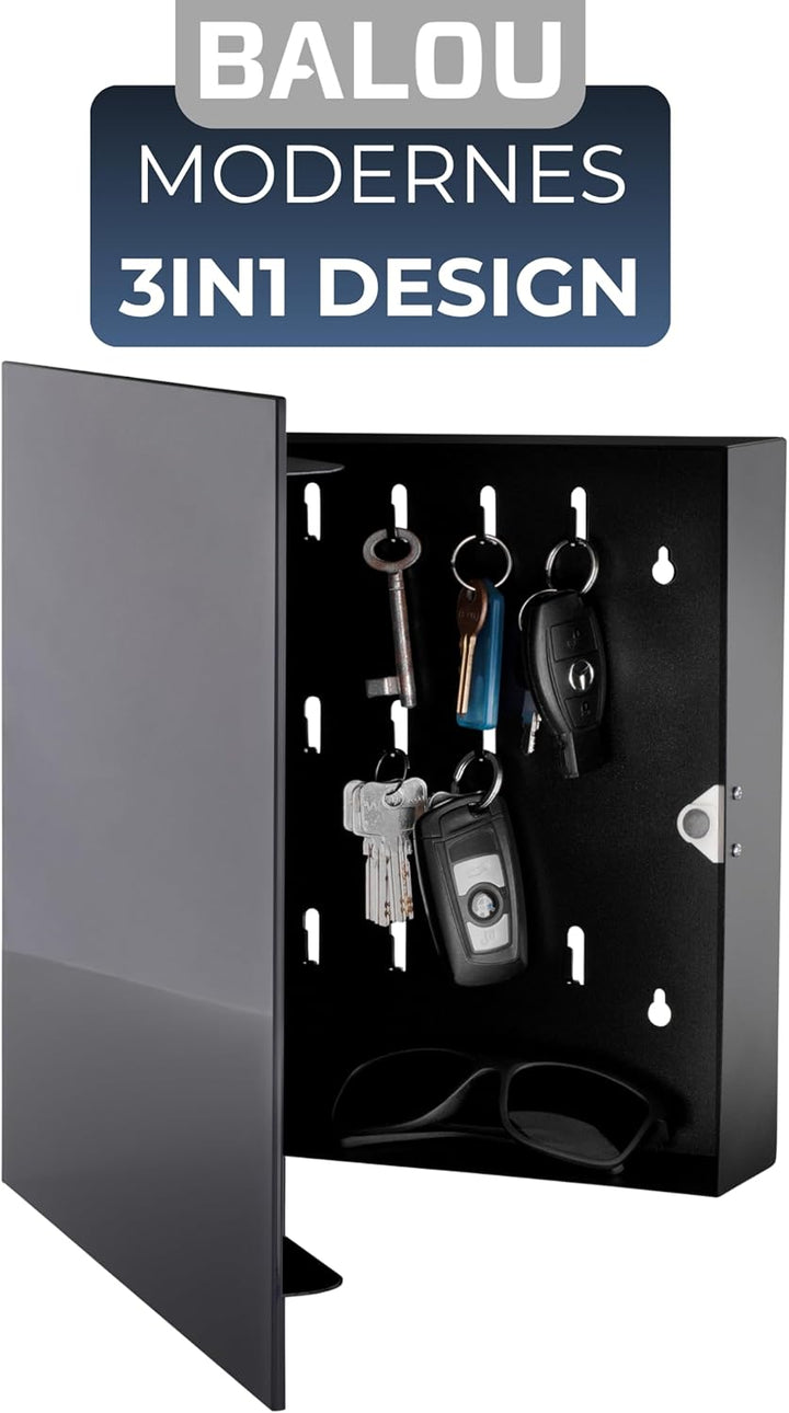 BALOU Schlüsselkasten modern mit Glas Magnettafel - Memoboard magnetisch mit 6 Magneten und Stift -