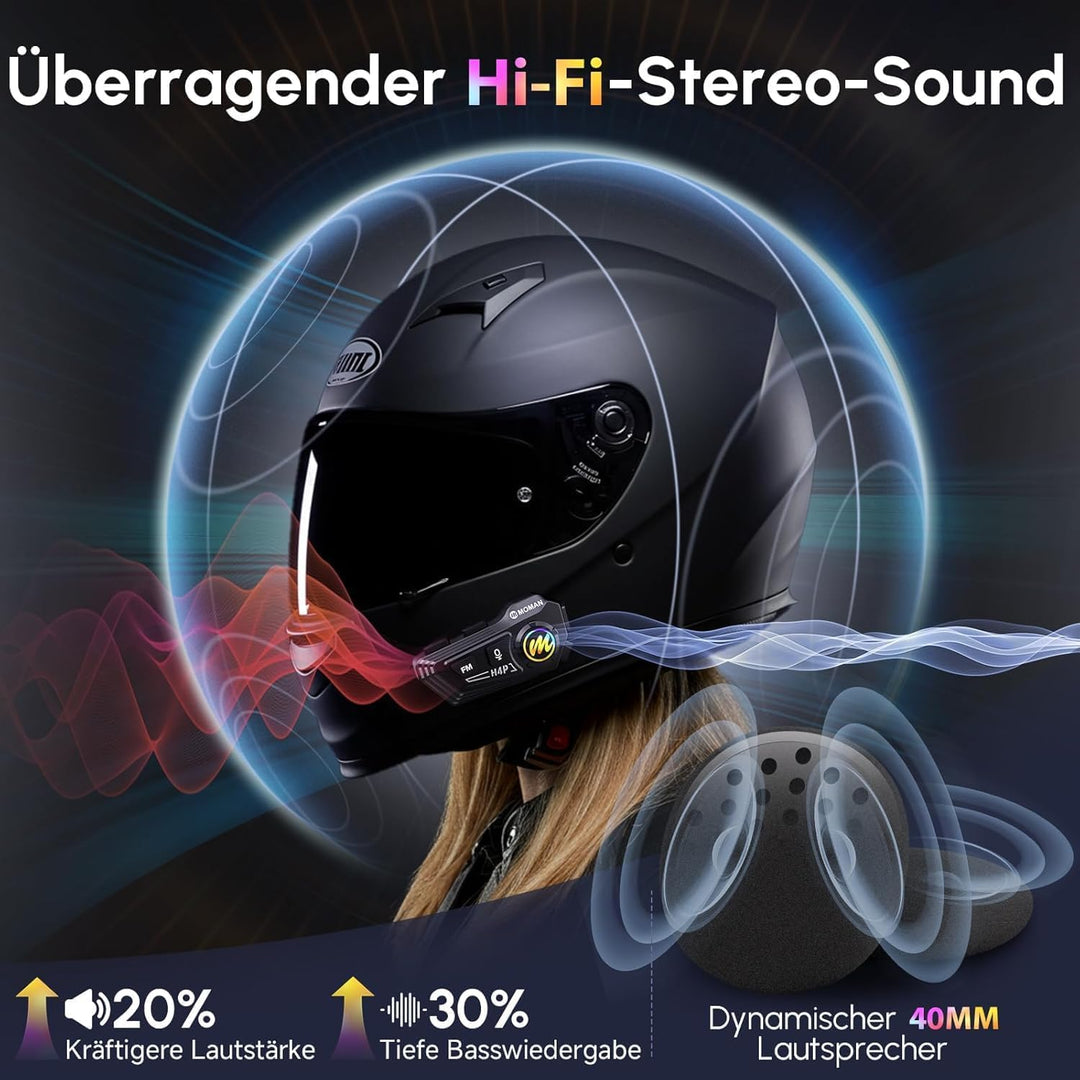 Moman Motorrad Intercom Headset, H4P Motorradhelm Kopfhörer BT5.1 mit Hi-Fi LautsprechernDoppelte Ge