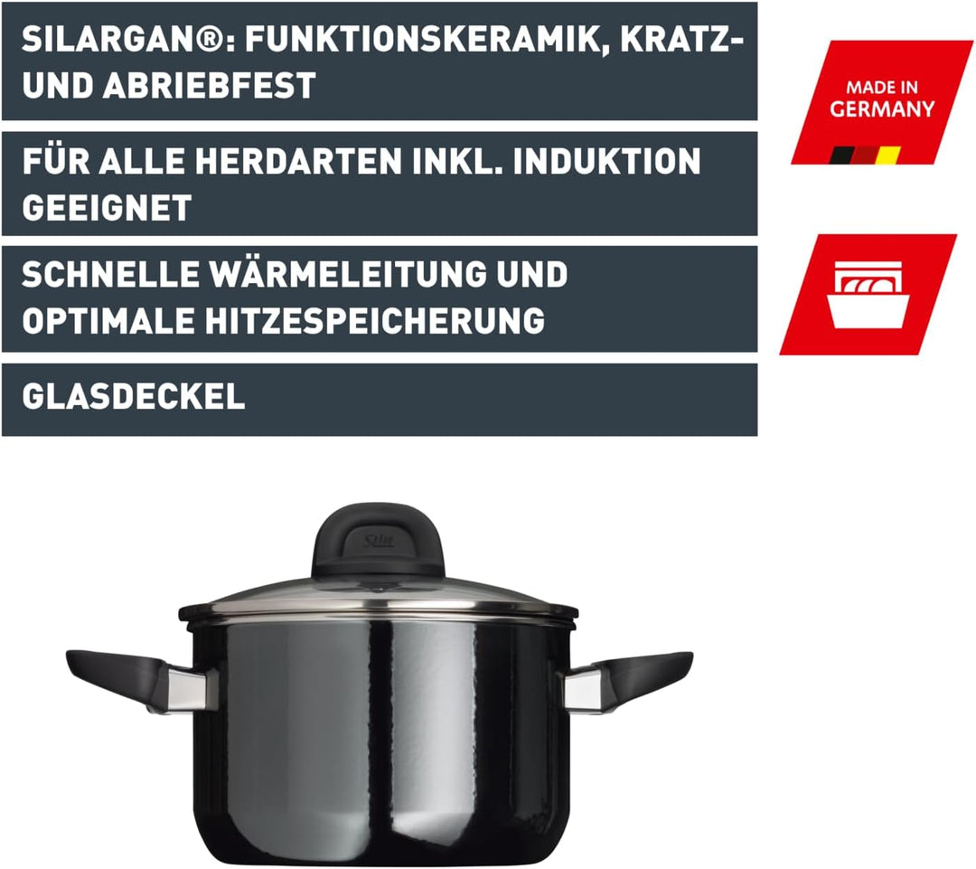 Silit Modesto Line Kochtopf klein 16cm, Glasdeckel, Bratentopf Induktion 1,3l, Silargan Funktionsker