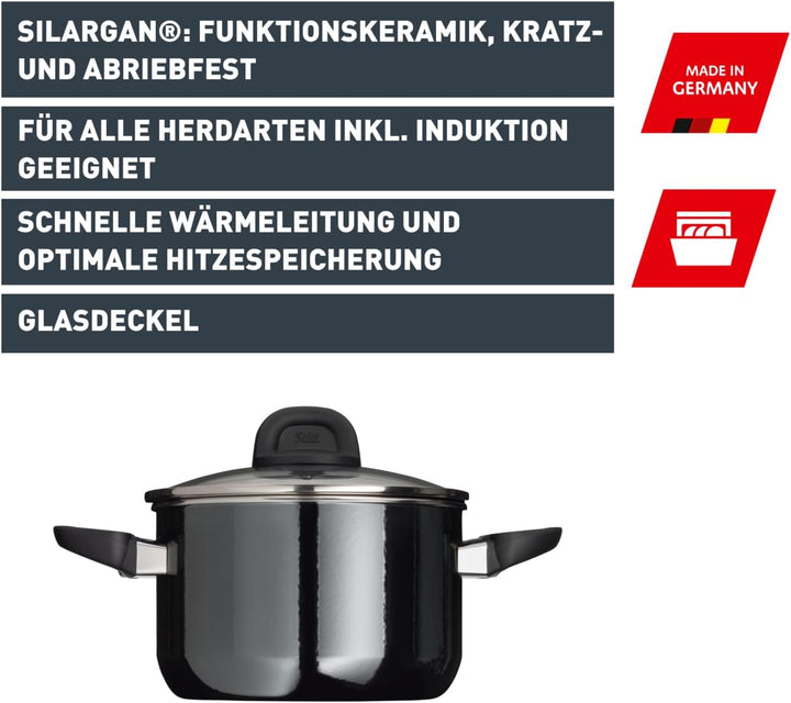Silit Modesto Line Kochtopf klein 16cm, Glasdeckel, Bratentopf Induktion 1,3l, Silargan Funktionsker