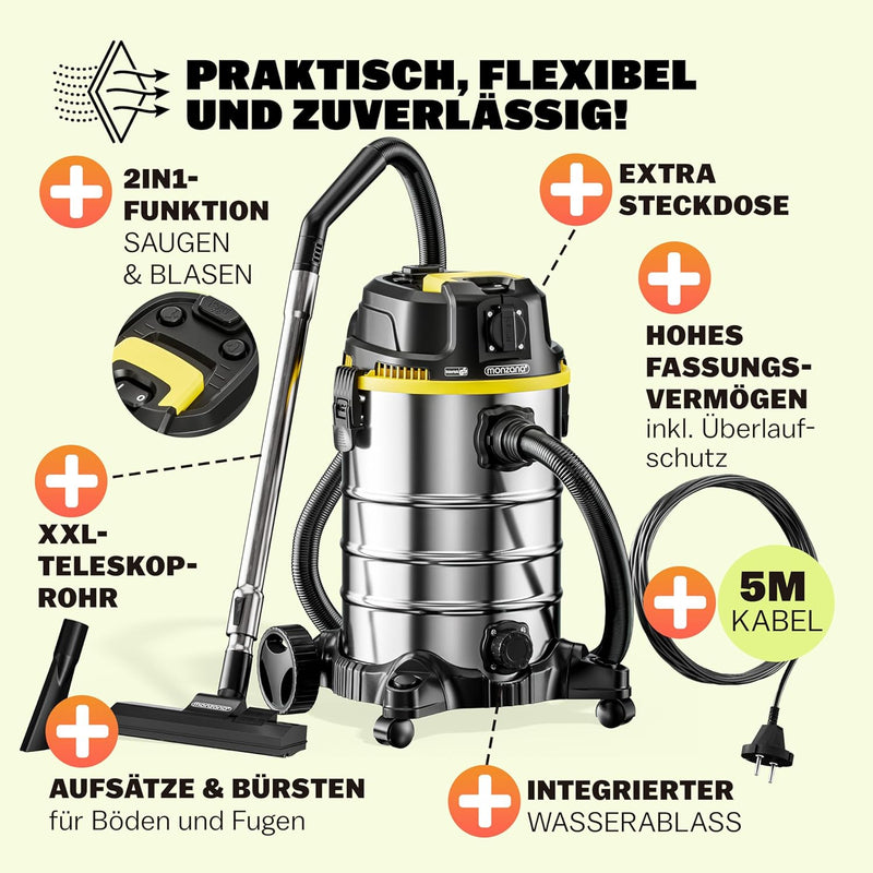 Monzana® Nass Trockensauger 5in1 Industriestaubsauger 30L Edelstahl 2000W Steckdose | Nasssauger mit