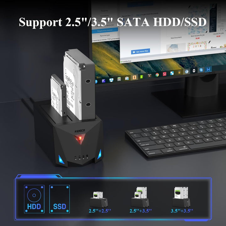 FIDECO Festplatten Dockingstation, USB 3.2 Gen1 Festplatten Docking Station für 2,5 &amp; 3,5 Zoll SATA