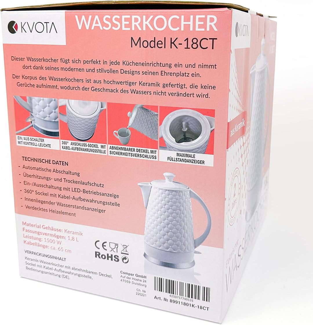 KVOTA Elektrischer Keramik Wasserkocher, Teekessel 1,8 L, 1500-1600W, Gesteppt-Design, weiss, abnehm