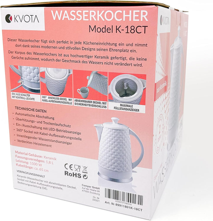 KVOTA Elektrischer Keramik Wasserkocher, Teekessel 1,8 L, 1500-1600W, Gesteppt-Design, weiss, abnehm
