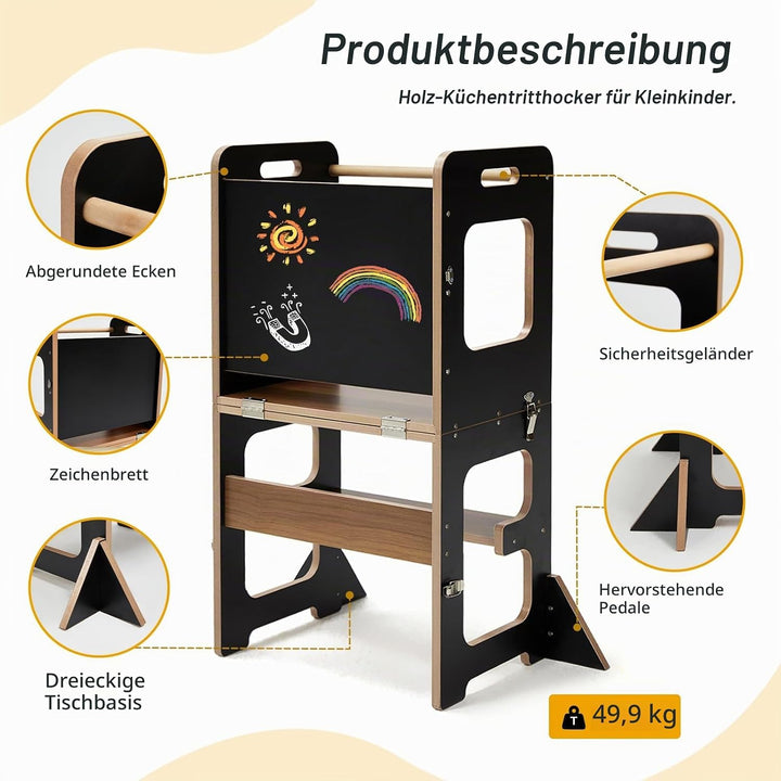 labebe Lernturm für Kinder, Montessori Learning Tower mit Tafel, 3 in 1 Klappbar Multifunktion Lernt