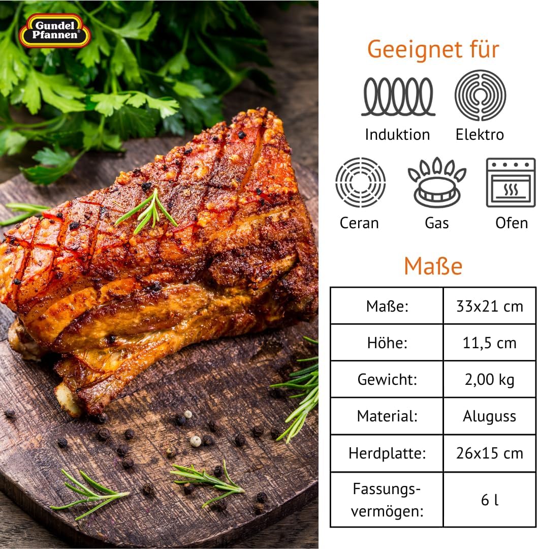 Original Gundel GUSS BRÄTER INDUKTION, 33 x 21 x 11,5 cm, Titan-Keramik-Oberfläche, backofenfeste Gr