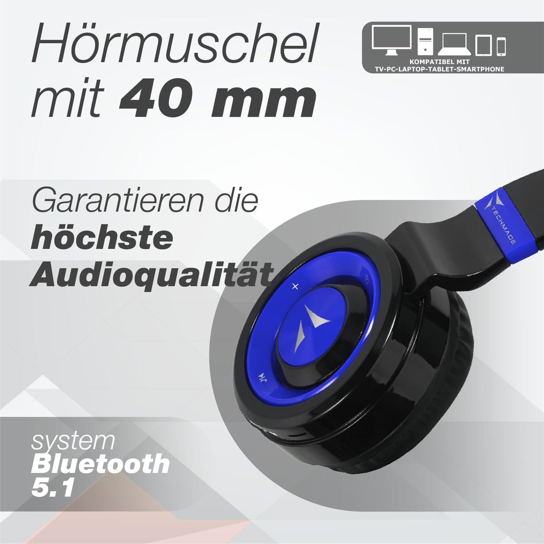Techmade TM-046 Bluetooth-Kopfhörer – Faltbar, Over-Ear, Mikrofon, FM-Radio, SD-Karten-Slot (Blau)